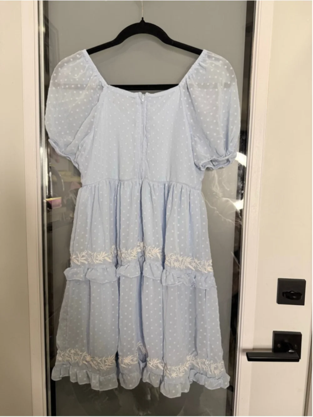 AMY BYER Light Blue Polka Dot Mini Dress with White Embroidery, Size 14